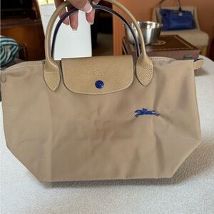 Longchamp Tan and Blue Tote Bag with Classic Design